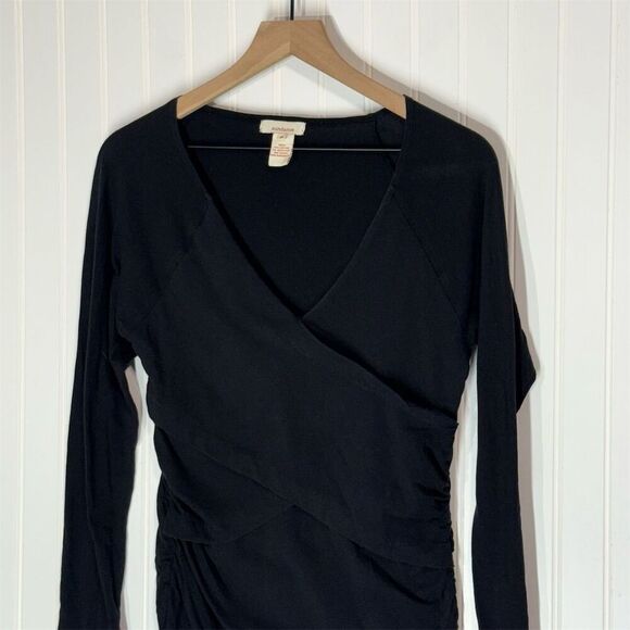 Sundance Black Wrap Long Sleeve Ruched Top M Cotton Stretch Minimalist Boho - Picture 2 of 8
